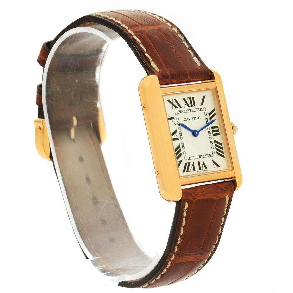 The image shows a Cartier Tank Solo W1018755 Women's Steel and Gold (two tone) Silver Dial W1018755 Women's Steel and Gold (two tone) Silver Dial watch from an angled front view, with its brown leather strap, rectangular case, and Roman numeral dial visible.
