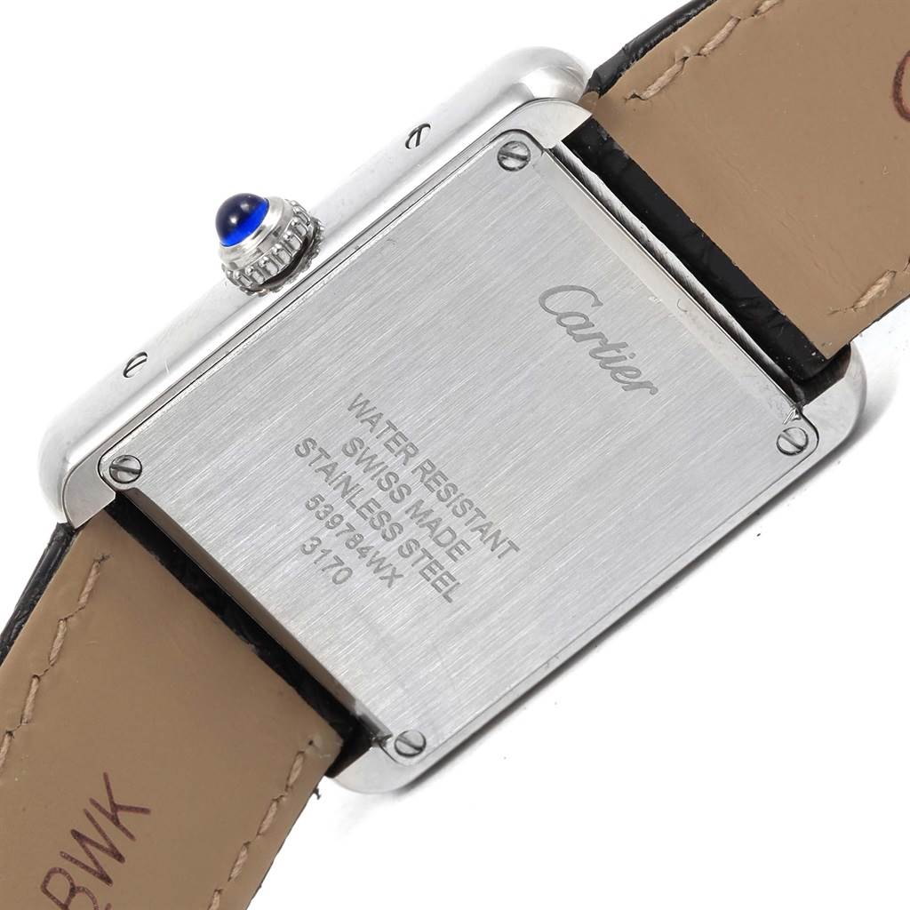 This image shows the back case and part of the leather strap of a Cartier Tank Solo W1018255 Women's Stainless Steel Silver Dial W1018255 Women's Stainless Steel Silver Dial watch at an angled view.