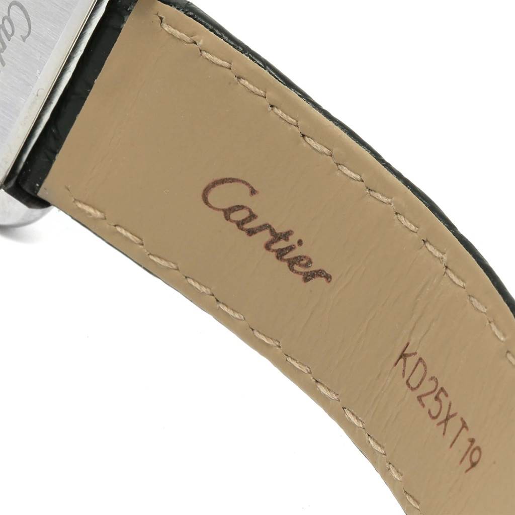 The image shows the underside of the strap of a Cartier Tank Solo W1018255 Women's Stainless Steel Silver Dial W1018255 Women's Stainless Steel Silver Dial watch, featuring stitching and the Cartier logo.