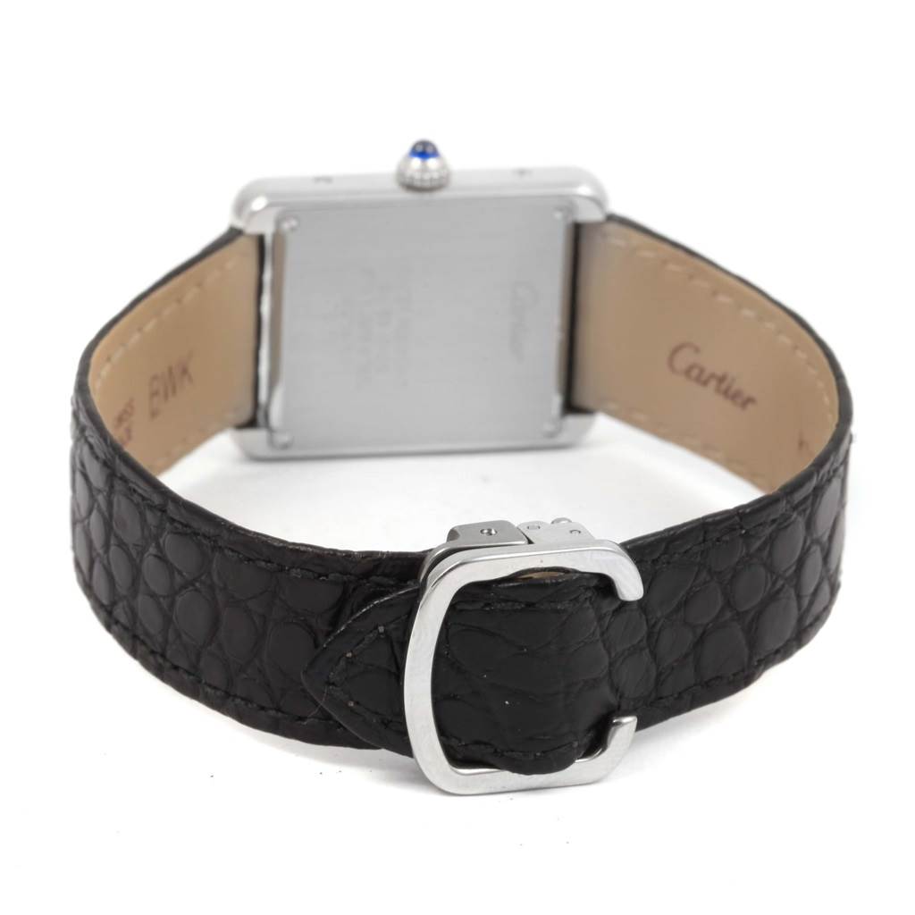 The image shows the back view of a Cartier Tank Solo W1018255 Women's Stainless Steel Silver Dial W1018255 Women's Stainless Steel Silver Dial watch, emphasizing the leather strap and buckle.