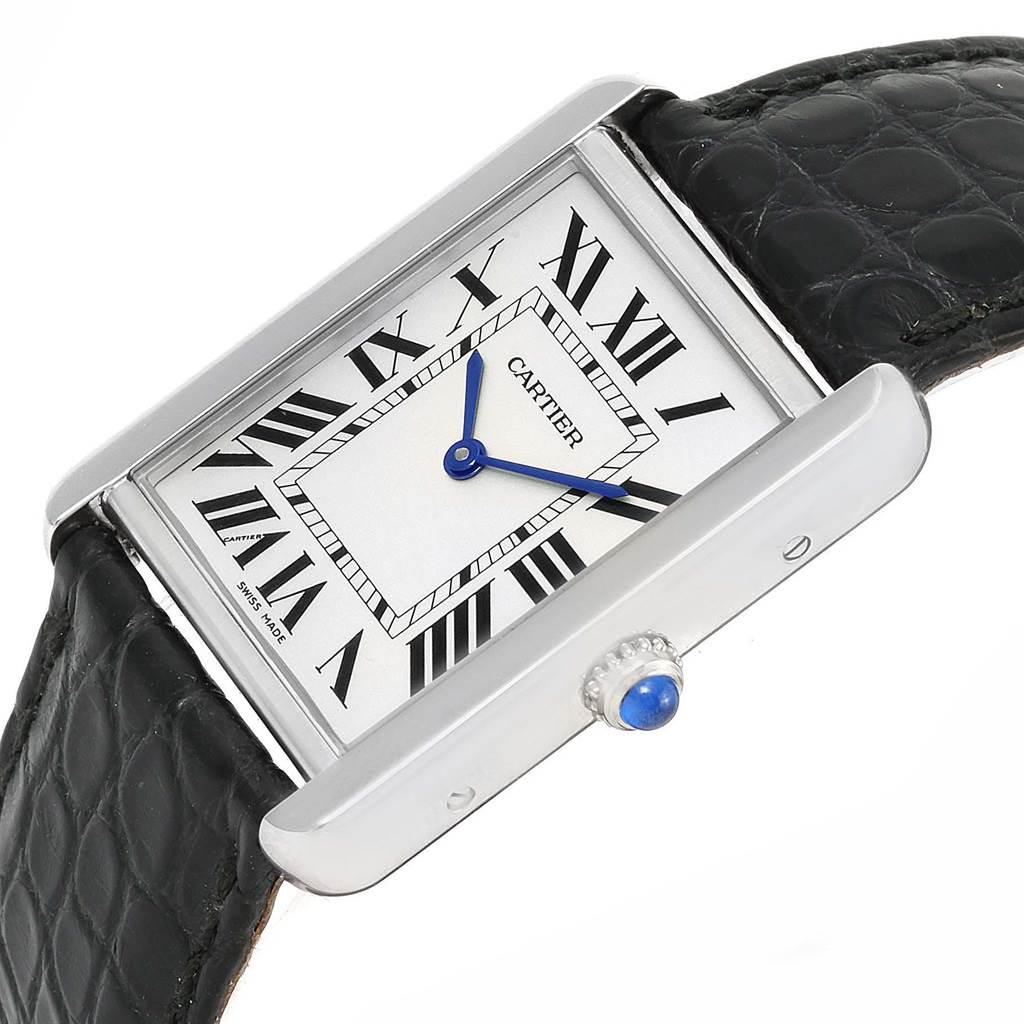 This image shows a close-up angle of the Tank Solo model by Cartier, highlighting the case, dial, crown, and strap.