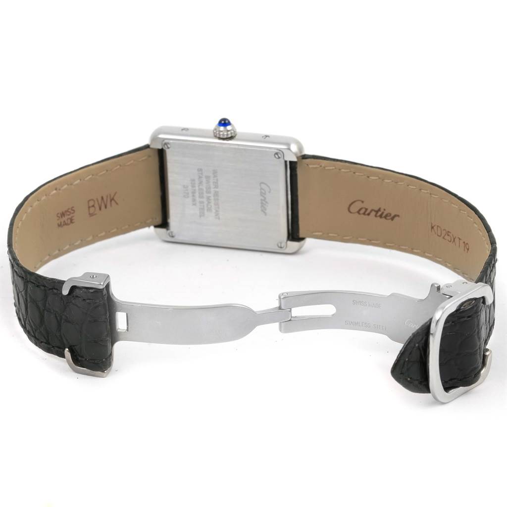 The image shows the back view of a Cartier Tank Solo W1018255 Women's Stainless Steel Silver Dial W1018255 Women's Stainless Steel Silver Dial watch, highlighting the clasp, leather strap, and case back details.