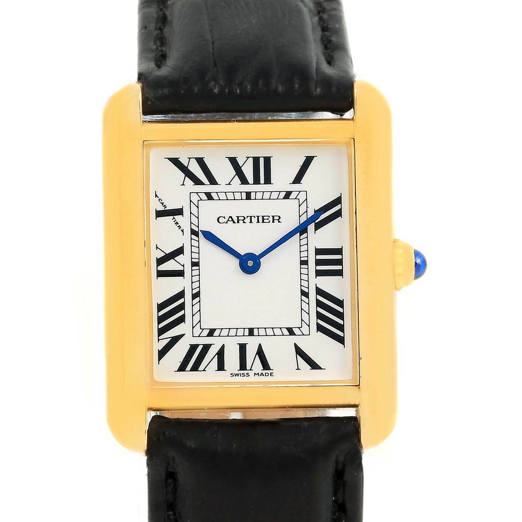 The image shows a front view of the Cartier Tank Solo W1018755 Women's Steel and Gold (two tone) Silver Dial W1018755 Women's Steel and Gold (two tone) Silver Dial watch, highlighting its rectangular face, roman numerals, and black leather strap.