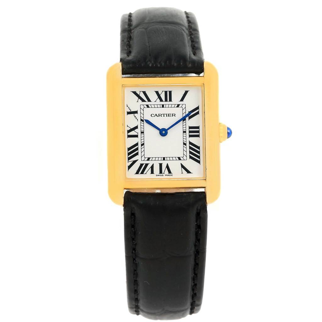 The Cartier Tank Solo W1018755 Women's Steel and Gold (two tone) Silver Dial W1018755 Women's Steel and Gold (two tone) Silver Dial watch is shown from a top-down angle, highlighting its face, leather strap, and rectangular gold case.