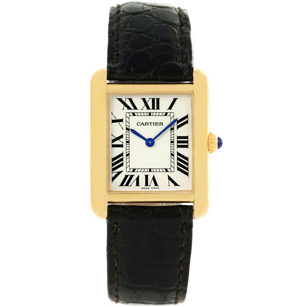 The image shows a head-on view of the Cartier Tank Solo W1018755 Women's Steel and Gold (two tone) Silver Dial W1018755 Women's Steel and Gold (two tone) Silver Dial watch, displaying its face, bezel, and leather strap.