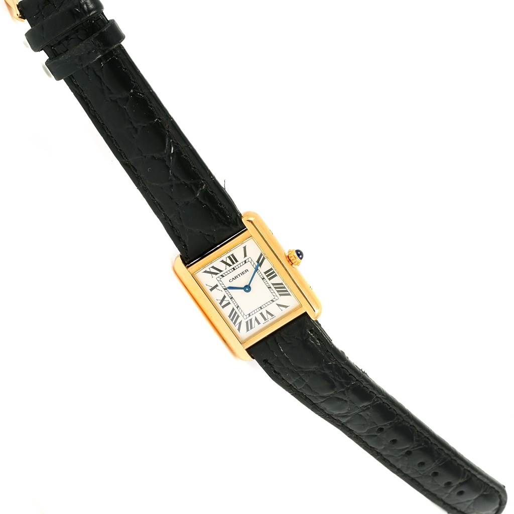 The image shows a Cartier Tank Solo W1018755 Women's Steel and Gold (two tone) Silver Dial W1018755 Women's Steel and Gold (two tone) Silver Dial watch at an angled front view, displaying the face and part of the black leather strap.