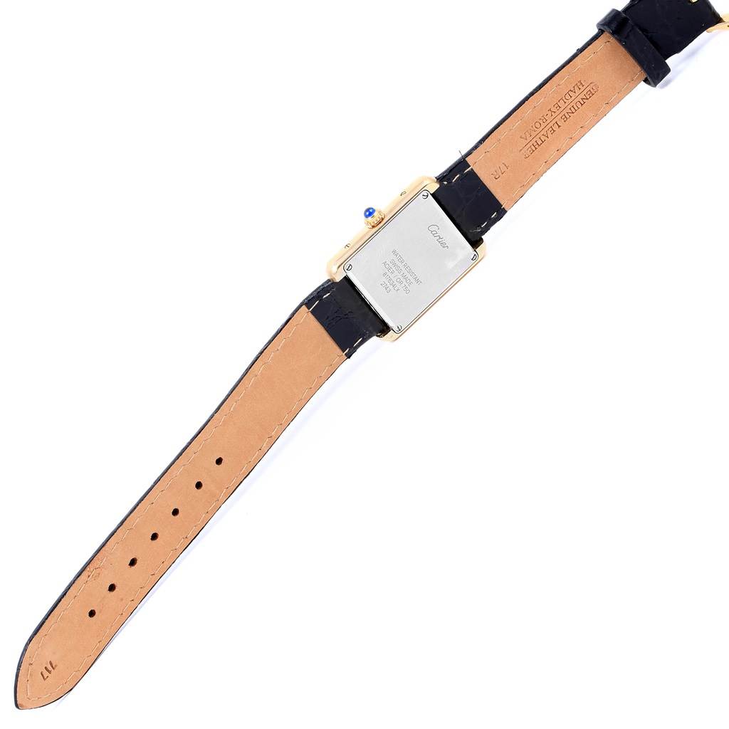 This image shows the back of the Cartier Tank Solo W1018755 Women's Steel and Gold (two tone) Silver Dial W1018755 Women's Steel and Gold (two tone) Silver Dial watch, including the leather strap and case back.