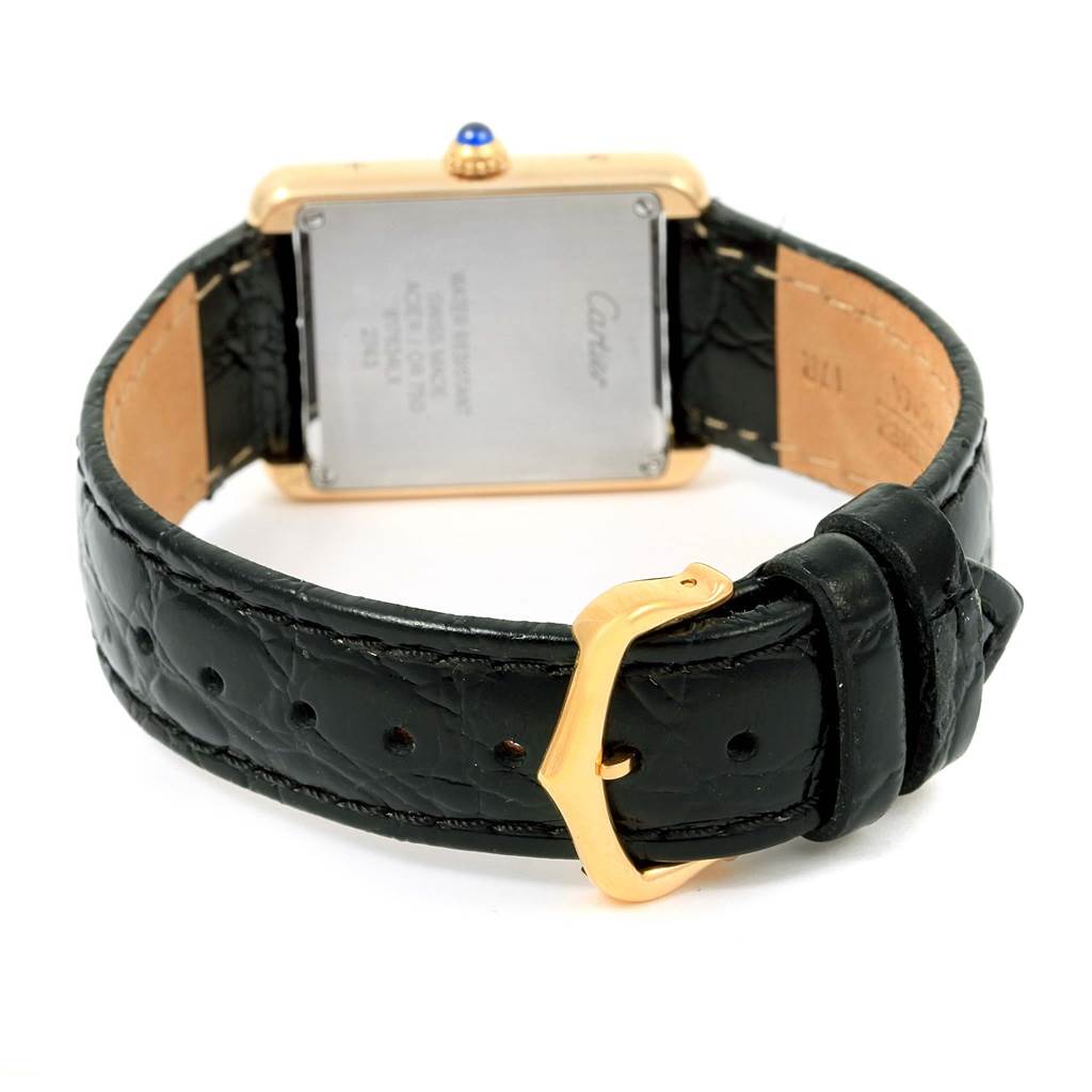 This image shows the back and strap of a Cartier Tank Solo W1018755 Women's Steel and Gold (two tone) Silver Dial W1018755 Women's Steel and Gold (two tone) Silver Dial watch, displaying the caseback, buckle, and part of the leather strap.