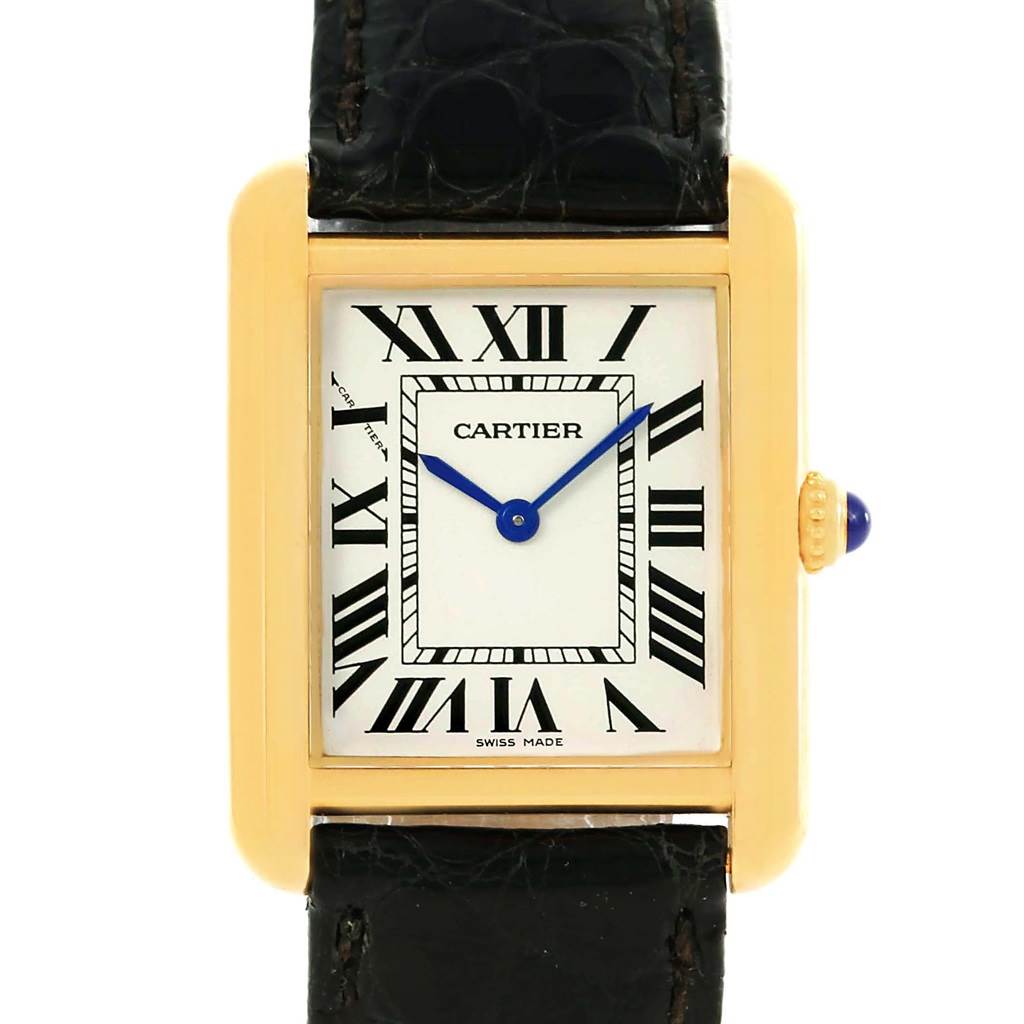 This image shows the front face of a Cartier Tank Solo W1018755 Women's Steel and Gold (two tone) Silver Dial W1018755 Women's Steel and Gold (two tone) Silver Dial watch, featuring its rectangular dial, Roman numerals, and leather strap.