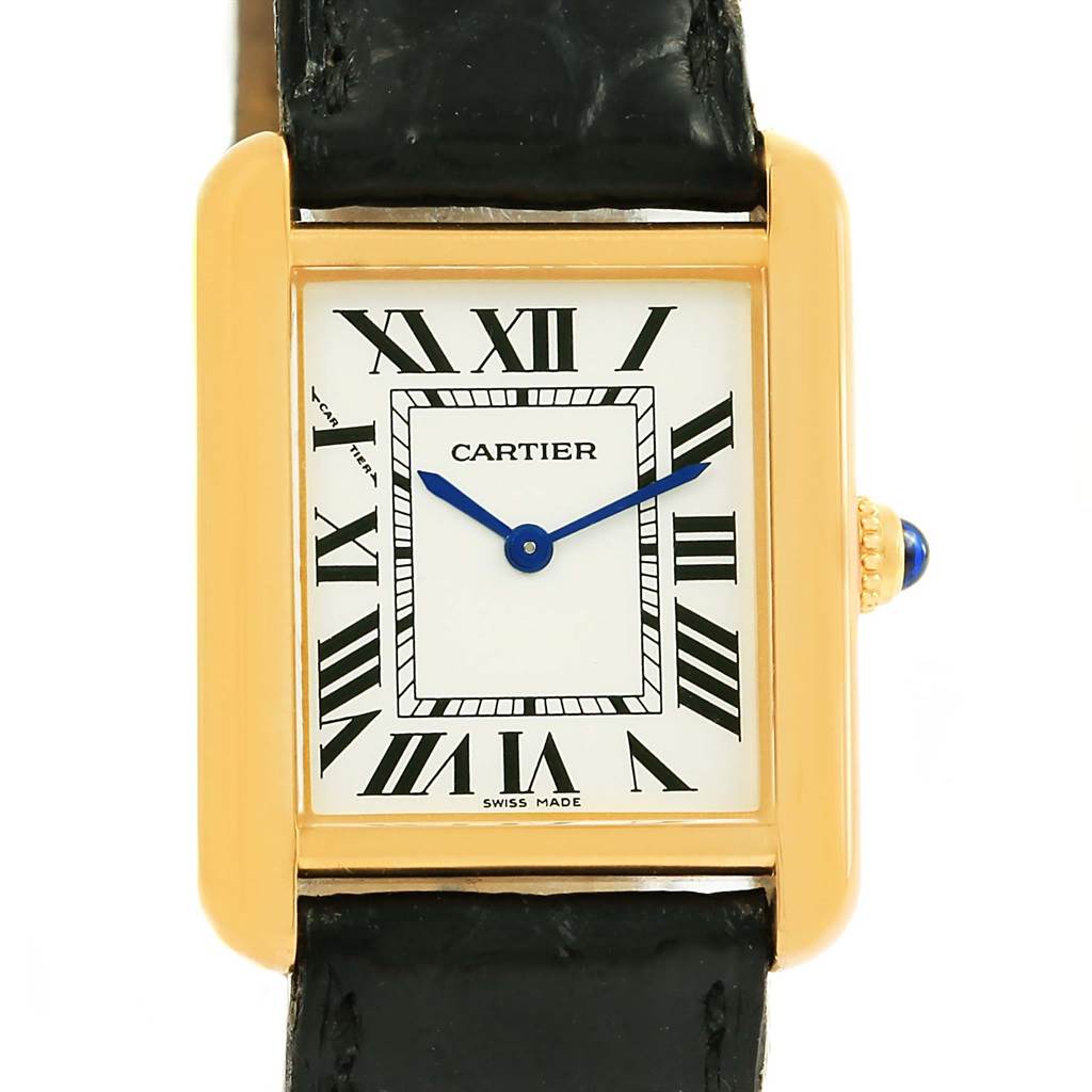 The Cartier Tank Solo W1018755 Women's Steel and Gold (two tone) Silver Dial W1018755 Women's Steel and Gold (two tone) Silver Dial watch is shown from a front angle displaying its square face, Roman numerals, and leather strap.
