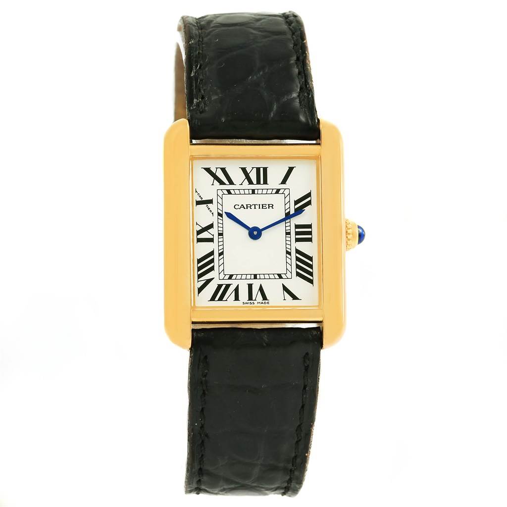 The Cartier Tank Solo W1018755 Women's Steel and Gold (two tone) Silver Dial W1018755 Women's Steel and Gold (two tone) Silver Dial watch is shown from the front, displaying its rectangular face, Roman numerals, and leather strap.