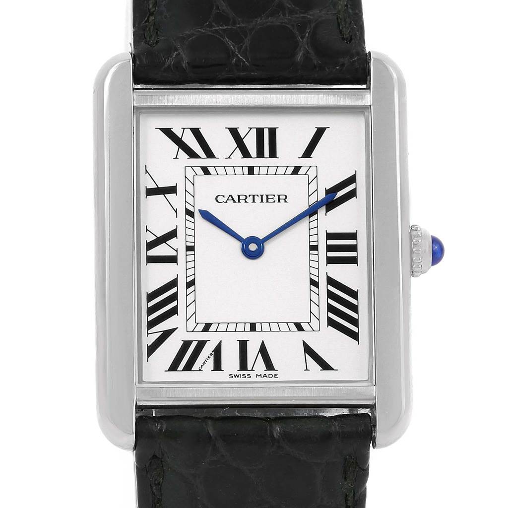 The Cartier Tank Solo W1018255 Women's Stainless Steel Silver Dial W1018255 Women's Stainless Steel Silver Dial watch is shown from the front, highlighting its rectangular dial, Roman numerals, and black leather strap.
