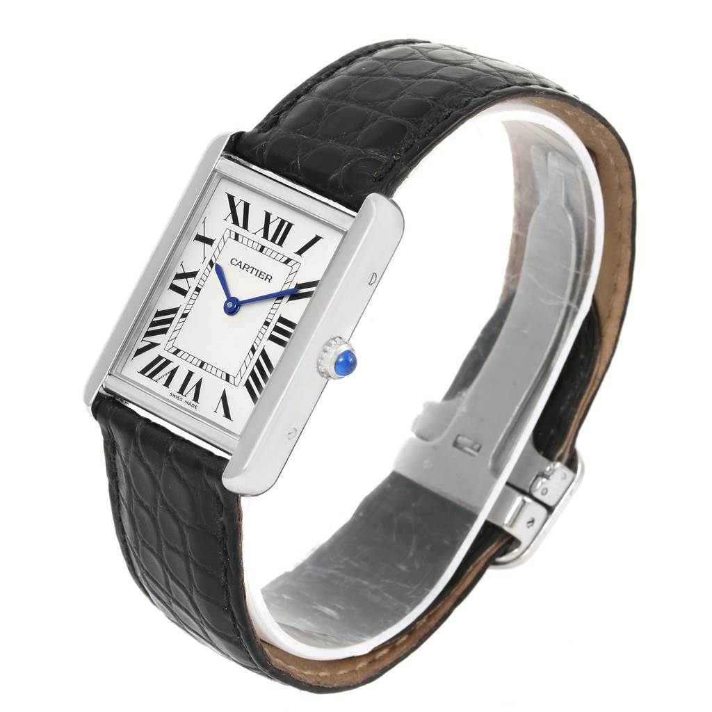 This image shows the Cartier Tank Solo W1018255 Women's Stainless Steel Silver Dial W1018255 Women's Stainless Steel Silver Dial watch at an oblique angle, highlighting the face, crown, and leather strap.