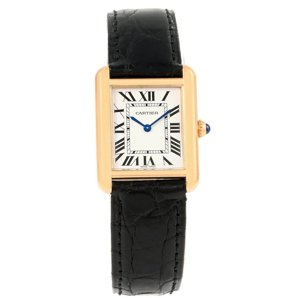 This image shows a full, front view of a Cartier Tank Solo W1018755 Women's Steel and Gold (two tone) Silver Dial W1018755 Women's Steel and Gold (two tone) Silver Dial watch, displaying the face, case, and leather strap.