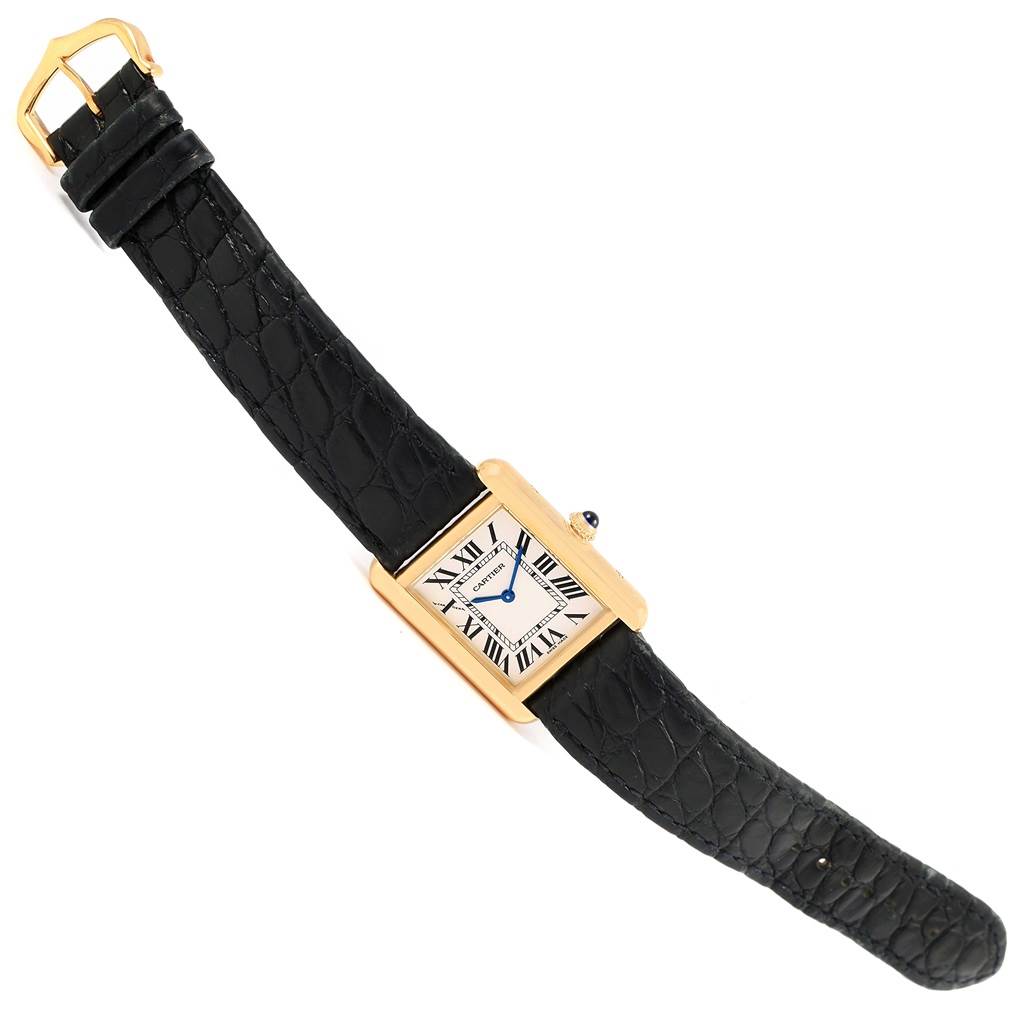 The image shows a Cartier Tank Solo W1018755 Women's Steel and Gold (two tone) Silver Dial W1018755 Women's Steel and Gold (two tone) Silver Dial watch with its full black leather strap and rectangular face displayed at a slight angle.