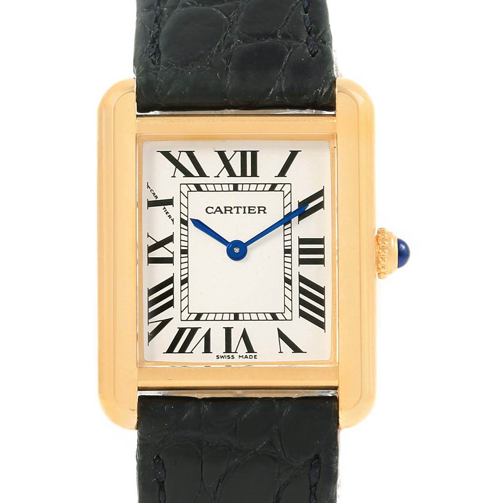 The image shows a close-up, front view of the Cartier Tank Solo W1018755 Women's Steel and Gold (two tone) Silver Dial W1018755 Women's Steel and Gold (two tone) Silver Dial watch, highlighting the dial, case, and part of the leather strap.