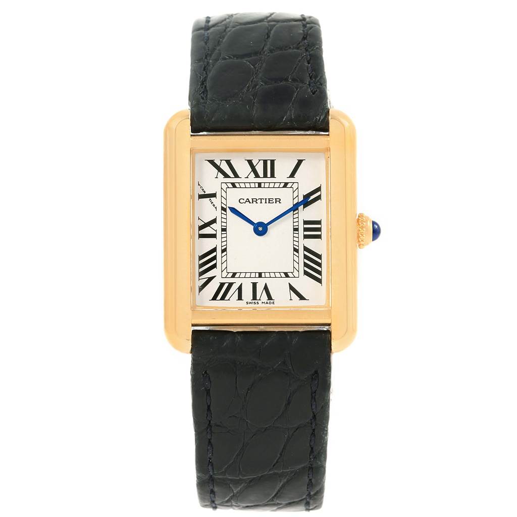 The image shows a front view of a Cartier Tank Solo W1018755 Women's Steel and Gold (two tone) Silver Dial W1018755 Women's Steel and Gold (two tone) Silver Dial watch, displaying the watch face, case, and leather strap.