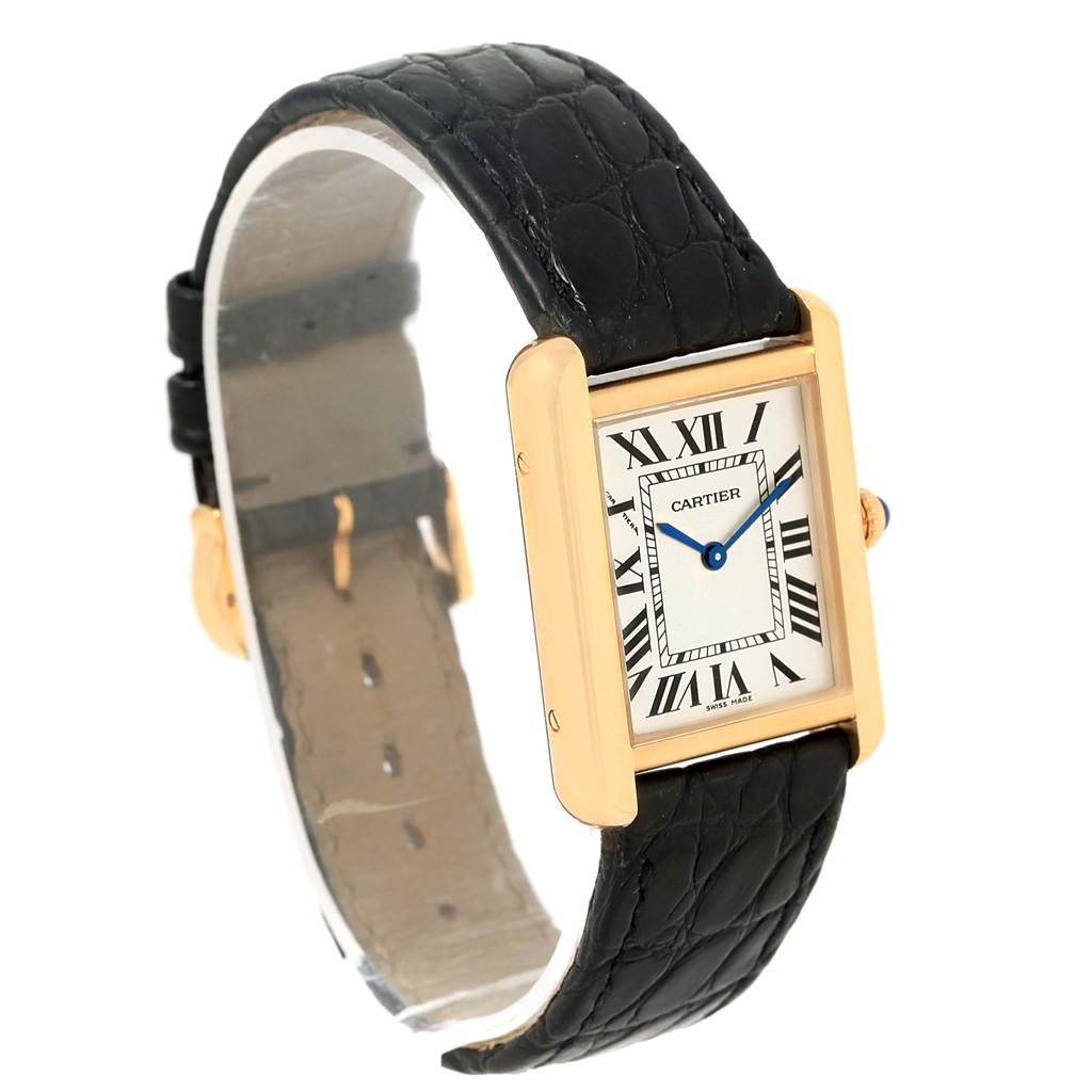 The image shows a Cartier Tank Solo W1018755 Women's Steel and Gold (two tone) Silver Dial W1018755 Women's Steel and Gold (two tone) Silver Dial watch angled to display its face, black leather strap, and gold casing.