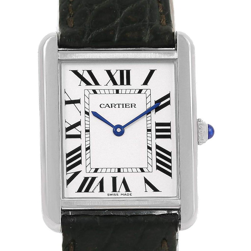 This Cartier Tank Solo watch is shown from the front, displaying the face, Roman numerals, and part of the strap.