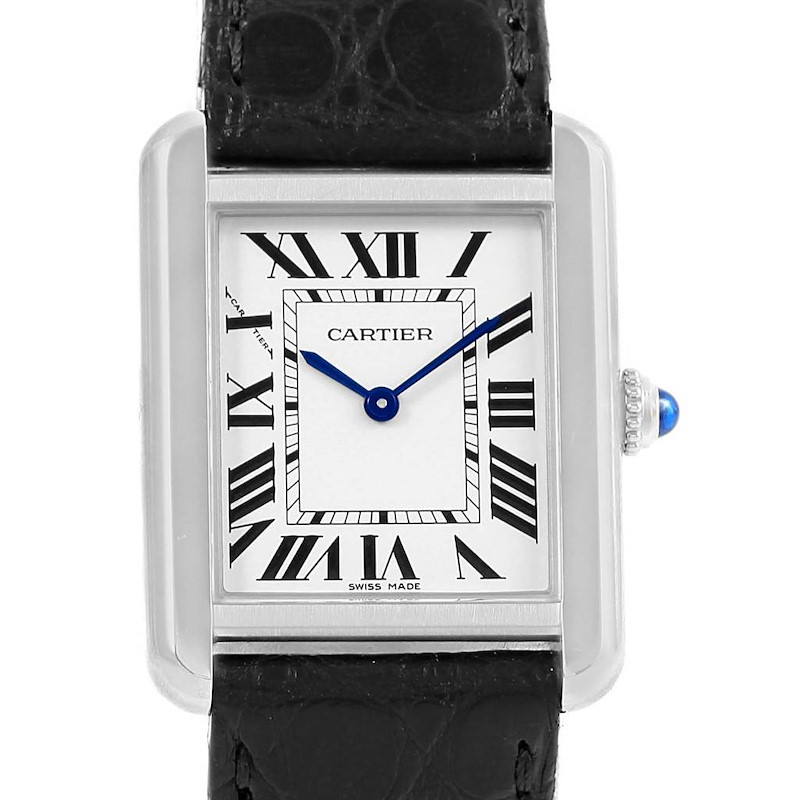 This is a front view of a Cartier Tank Solo watch showing the dial, Roman numerals, blue hands, and black leather strap.