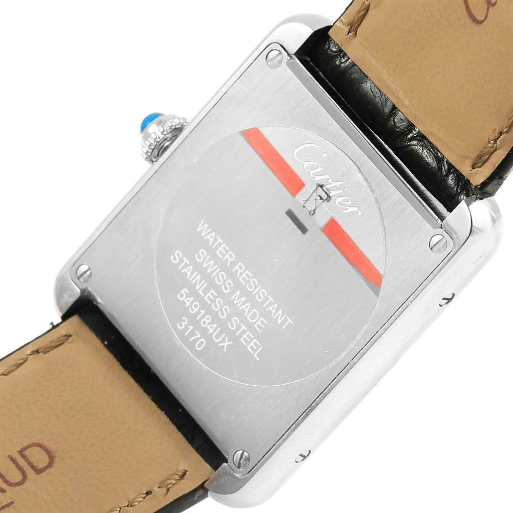 The image shows the back of the Cartier Tank Solo W1018255 Women's Stainless Steel Silver Dial W1018255 Women's Stainless Steel Silver Dial watch, highlighting the case back and leather straps.