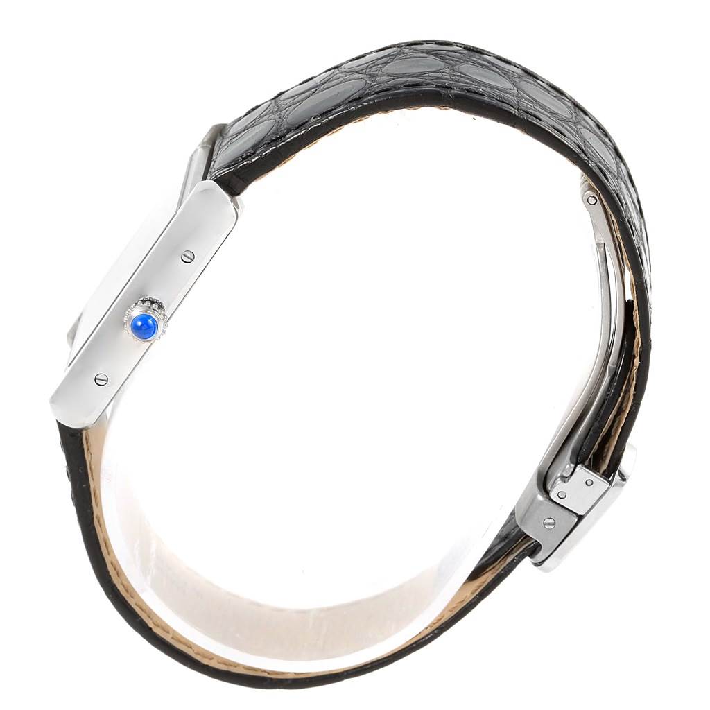 The image shows a side angle of the Cartier Tank Solo W1018255 Women's Stainless Steel Silver Dial W1018255 Women's Stainless Steel Silver Dial watch, featuring the crown, case, and black leather strap.