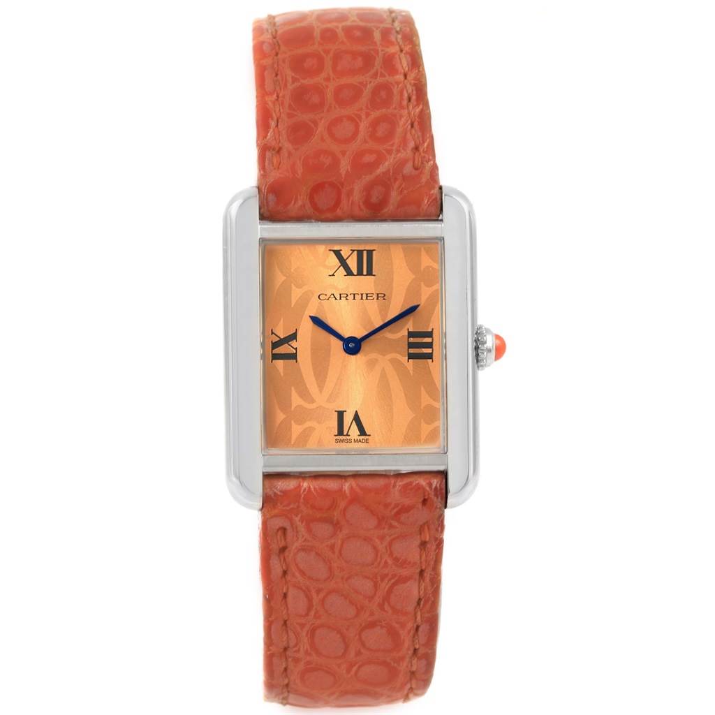 This image shows a Cartier Tank Solo W1019455 Women's Stainless Steel Orange Dial W1019455 Women's Stainless Steel Orange Dial watch from the front, highlighting the orange dial and red strap.
