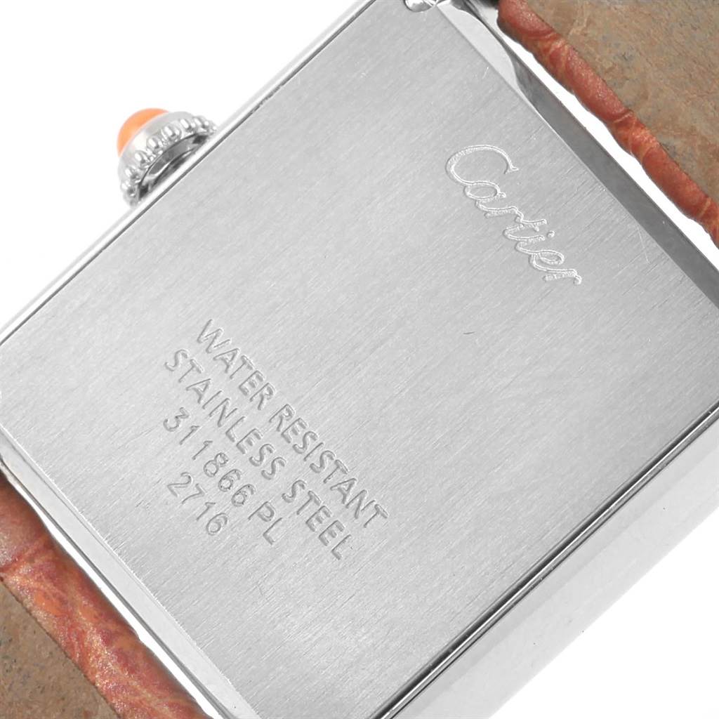 The image shows the back case of a Cartier Tank Solo W1019455 Women's Stainless Steel Orange Dial W1019455 Women's Stainless Steel Orange Dial watch, highlighting its water resistance and stainless steel construction.