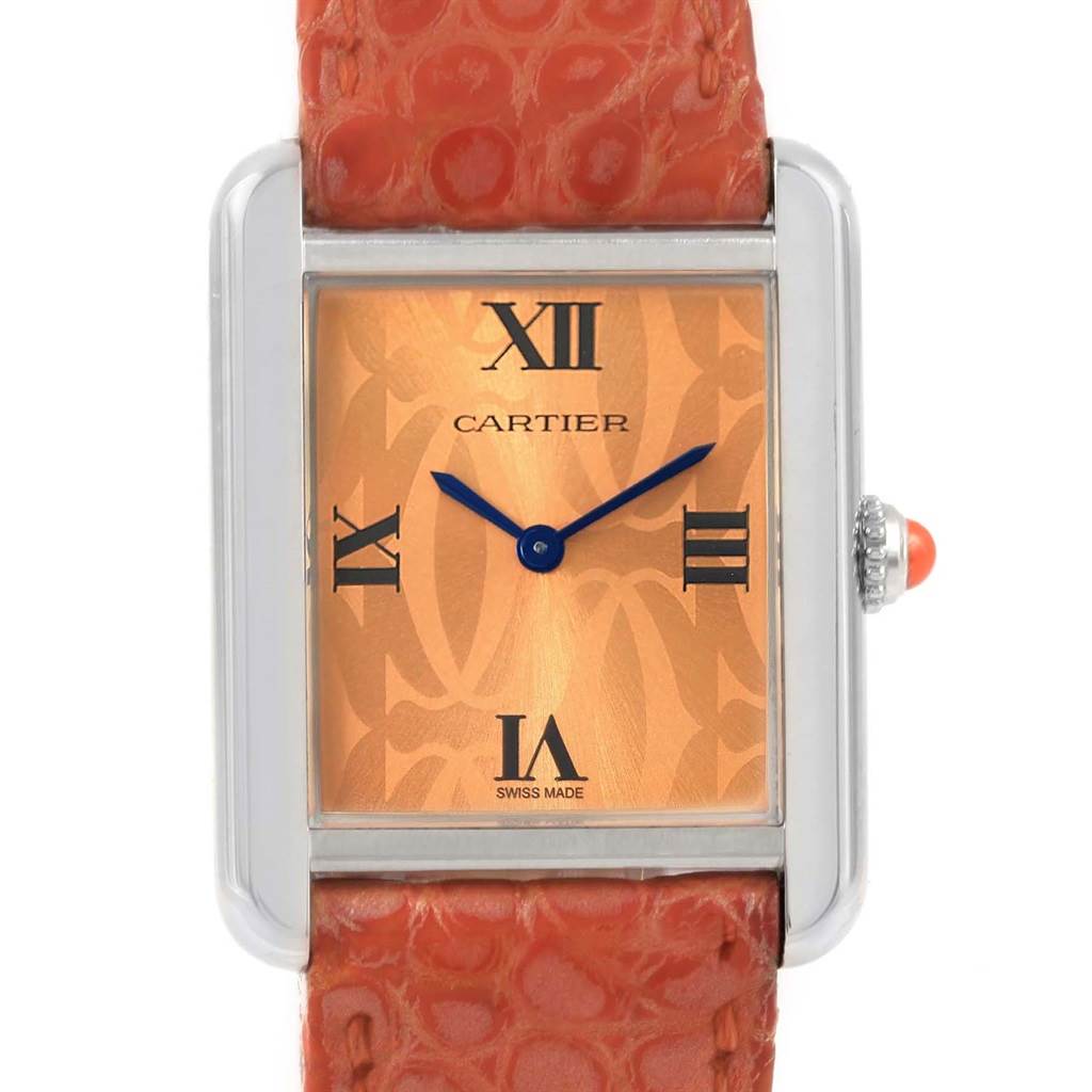 The image shows a front view of the Cartier Tank Solo W1019455 Women's Stainless Steel Orange Dial W1019455 Women's Stainless Steel Orange Dial watch, highlighting the face, hands, and part of the strap.