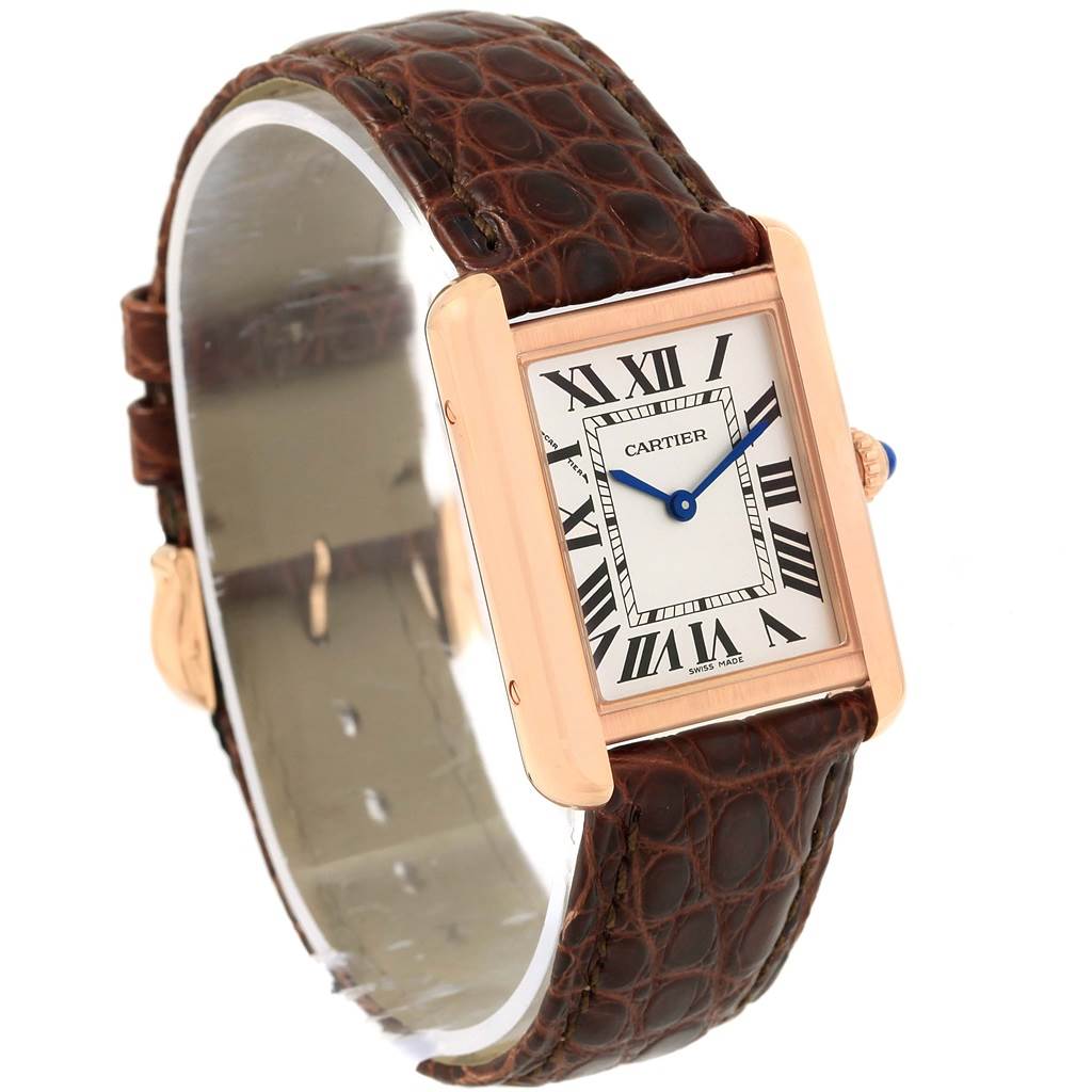 The image shows a Cartier Tank Solo W5200024 Women's Steel and Gold (two tone) Silver Dial W5200024 Women's Steel and Gold (two tone) Silver Dial watch at an angle highlighting its face, case, and leather strap.