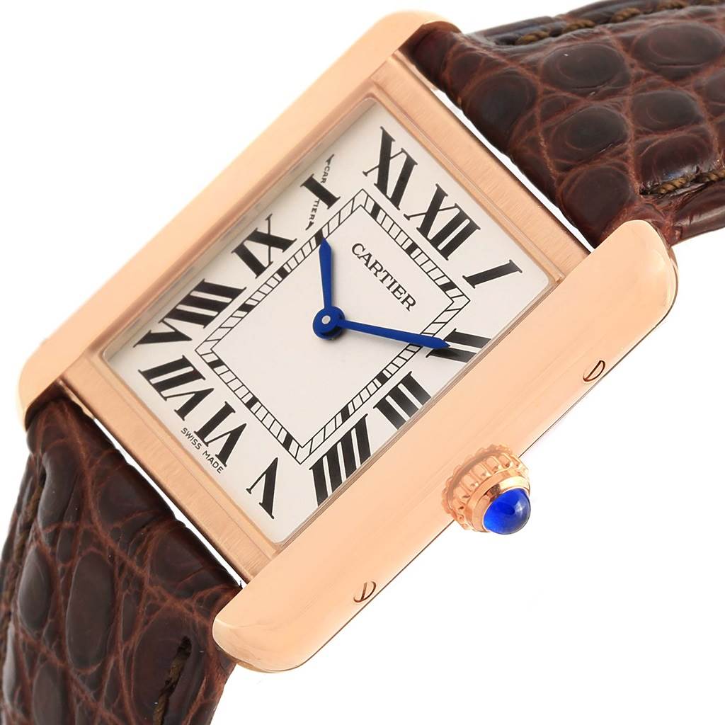 The image shows a Cartier Tank Solo W5200024 Women's Steel and Gold (two tone) Silver Dial W5200024 Women's Steel and Gold (two tone) Silver Dial watch at an angled close-up, highlighting the dial, crown, and part of the leather strap.
