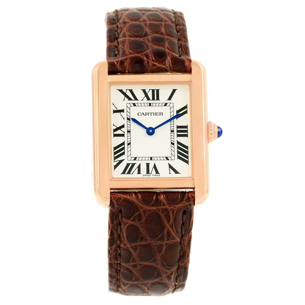The Cartier Tank Solo W5200024 Women's Steel and Gold (two tone) Silver Dial W5200024 Women's Steel and Gold (two tone) Silver Dial watch is shown from the front, highlighting its rectangular face, Roman numerals, and brown leather strap.