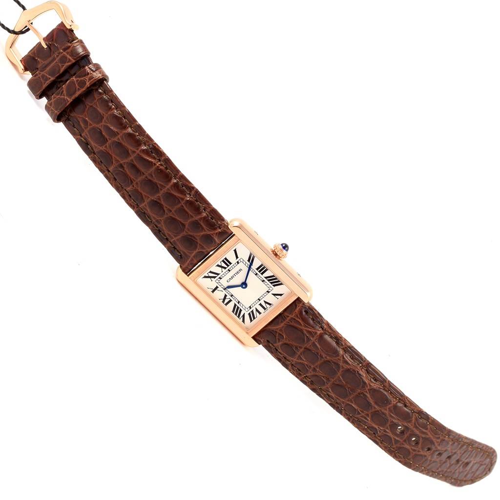 The image shows a Cartier Tank Solo W5200024 Women's Steel and Gold (two tone) Silver Dial W5200024 Women's Steel and Gold (two tone) Silver Dial watch with a brown leather strap, viewed from an angle that displays the watch face and strap in full.