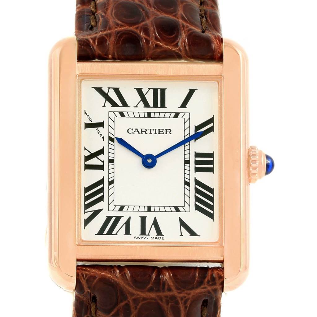 The image shows a front view of the Cartier Tank Solo W5200024 Women's Steel and Gold (two tone) Silver Dial W5200024 Women's Steel and Gold (two tone) Silver Dial watch, highlighting its rectangular dial, Roman numerals, and leather strap.