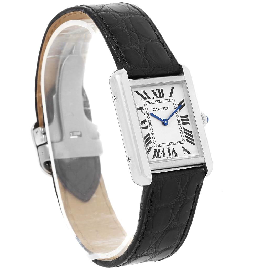 The image shows a Cartier Tank Solo W1018255 Women's Stainless Steel Silver Dial W1018255 Women's Stainless Steel Silver Dial watch at a three-quarter angle, highlighting its rectangular face, black leather strap, and Roman numeral dial.