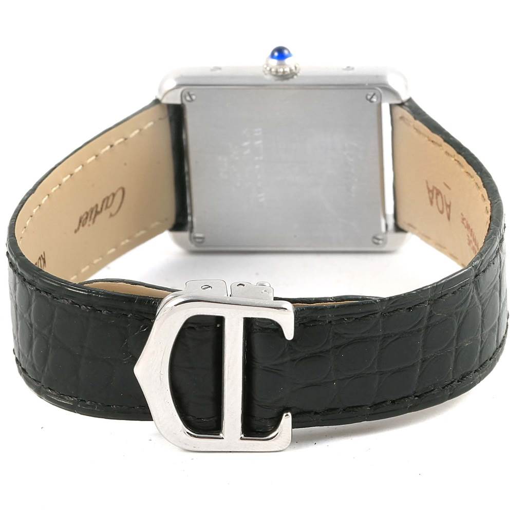 This image shows the back and strap of the Cartier Tank Solo W1018255 Women's Stainless Steel Silver Dial W1018255 Women's Stainless Steel Silver Dial watch, highlighting the buckle and case back.