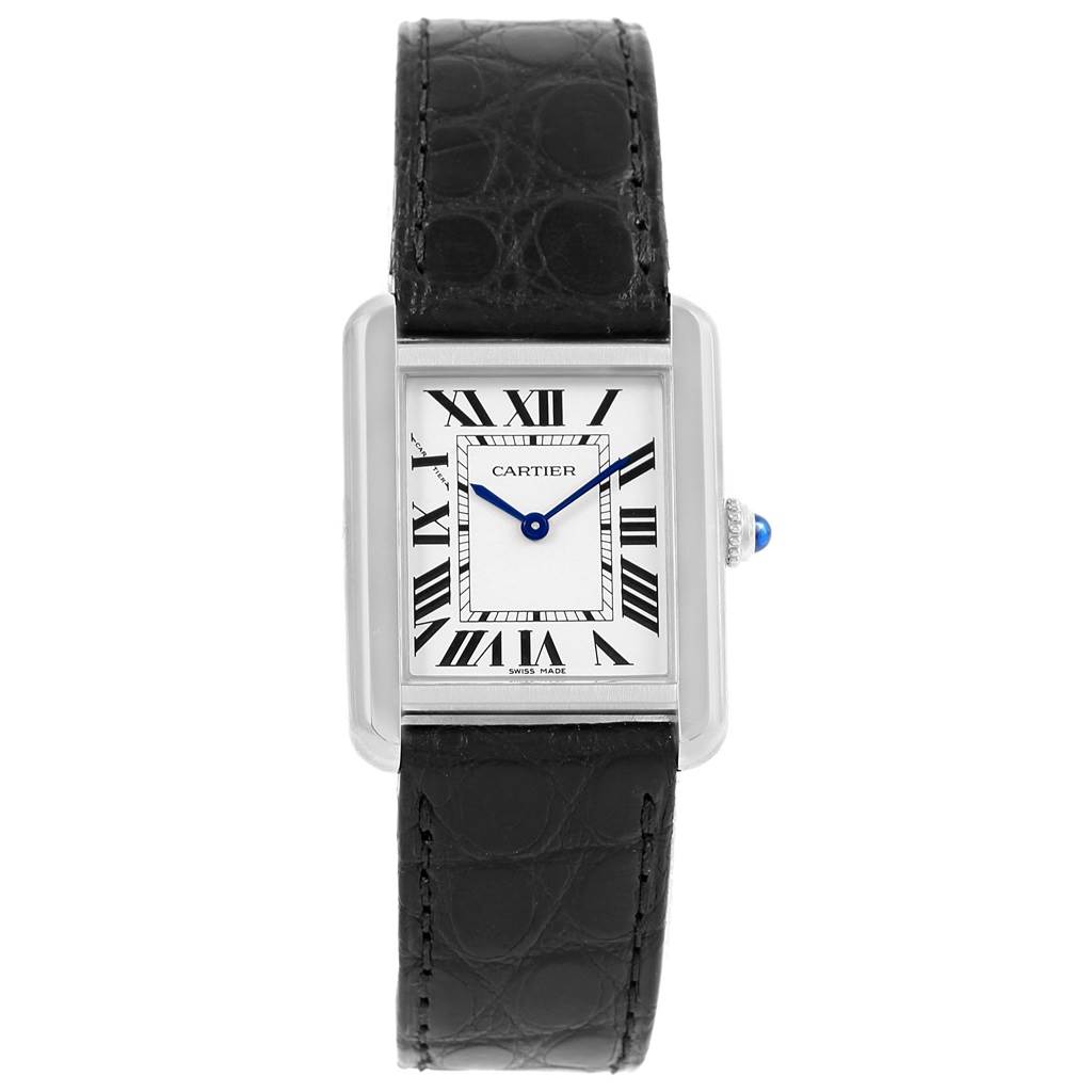 This image shows a frontal view of the Cartier Tank Solo W1018255 Women's Stainless Steel Silver Dial W1018255 Women's Stainless Steel Silver Dial watch, displaying its face, hands, and strap.