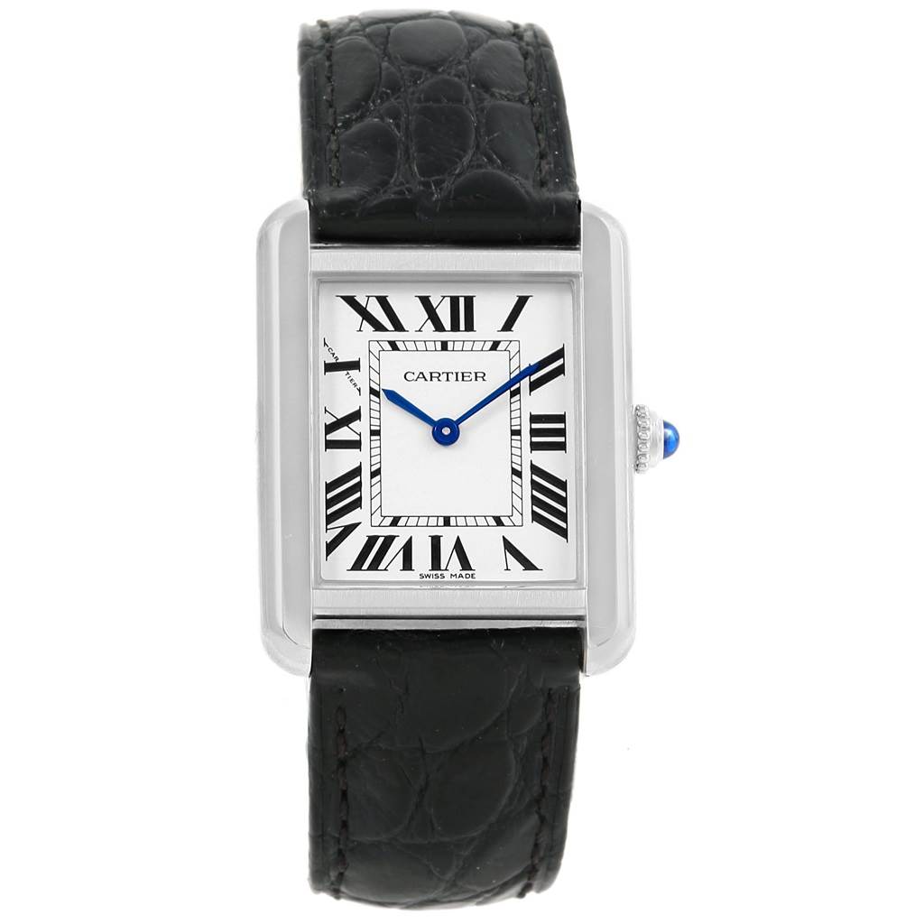 The image shows a front view of the Cartier Tank Solo W1018255 Women's Stainless Steel Silver Dial W1018255 Women's Stainless Steel Silver Dial watch, highlighting its rectangular face, Roman numerals, and black leather strap.