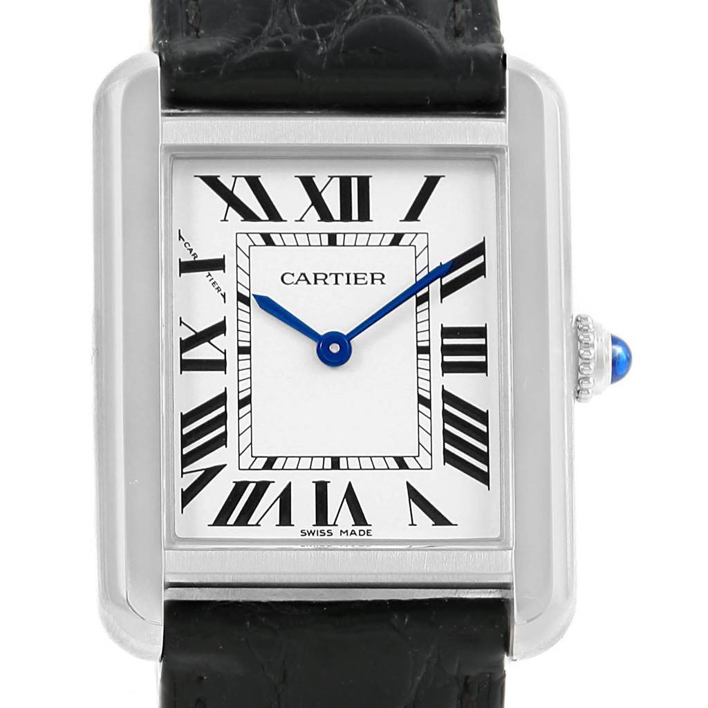 The image shows a front view of the Cartier Tank Solo W1018255 Women's Stainless Steel Silver Dial W1018255 Women's Stainless Steel Silver Dial watch, highlighting the dial, Roman numerals, and leather strap.