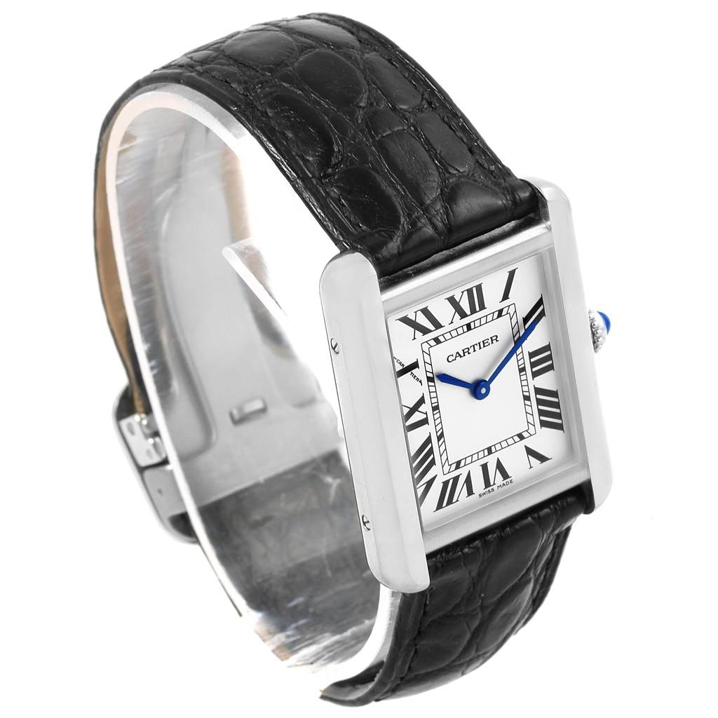 This image shows a Cartier Tank Solo W1018255 Women's Stainless Steel Silver Dial W1018255 Women's Stainless Steel Silver Dial watch at a three-quarter angle, highlighting the face, crown, and black leather strap.