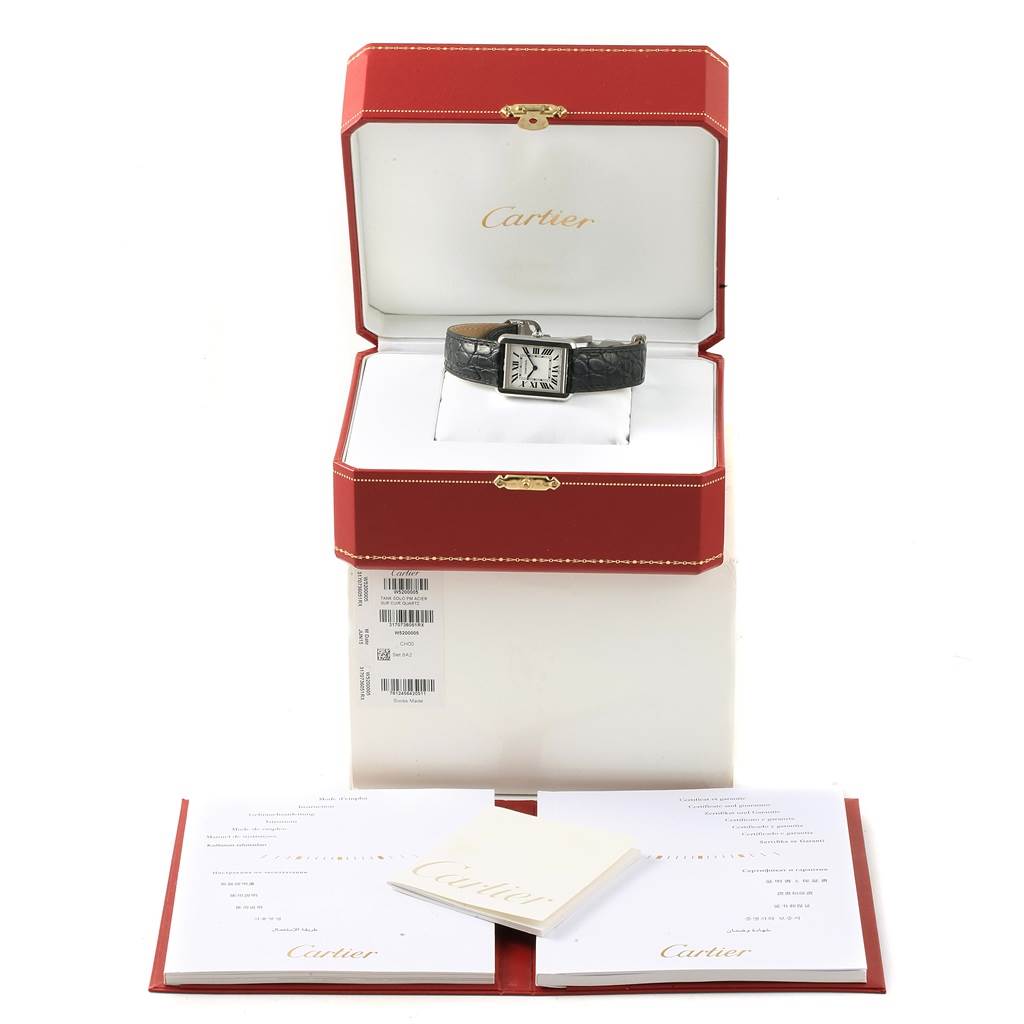 The Cartier Tank Solo W1018255 Women's Stainless Steel Silver Dial W1018255 Women's Stainless Steel Silver Dial watch is shown front-facing in an open red box, along with its documentation.