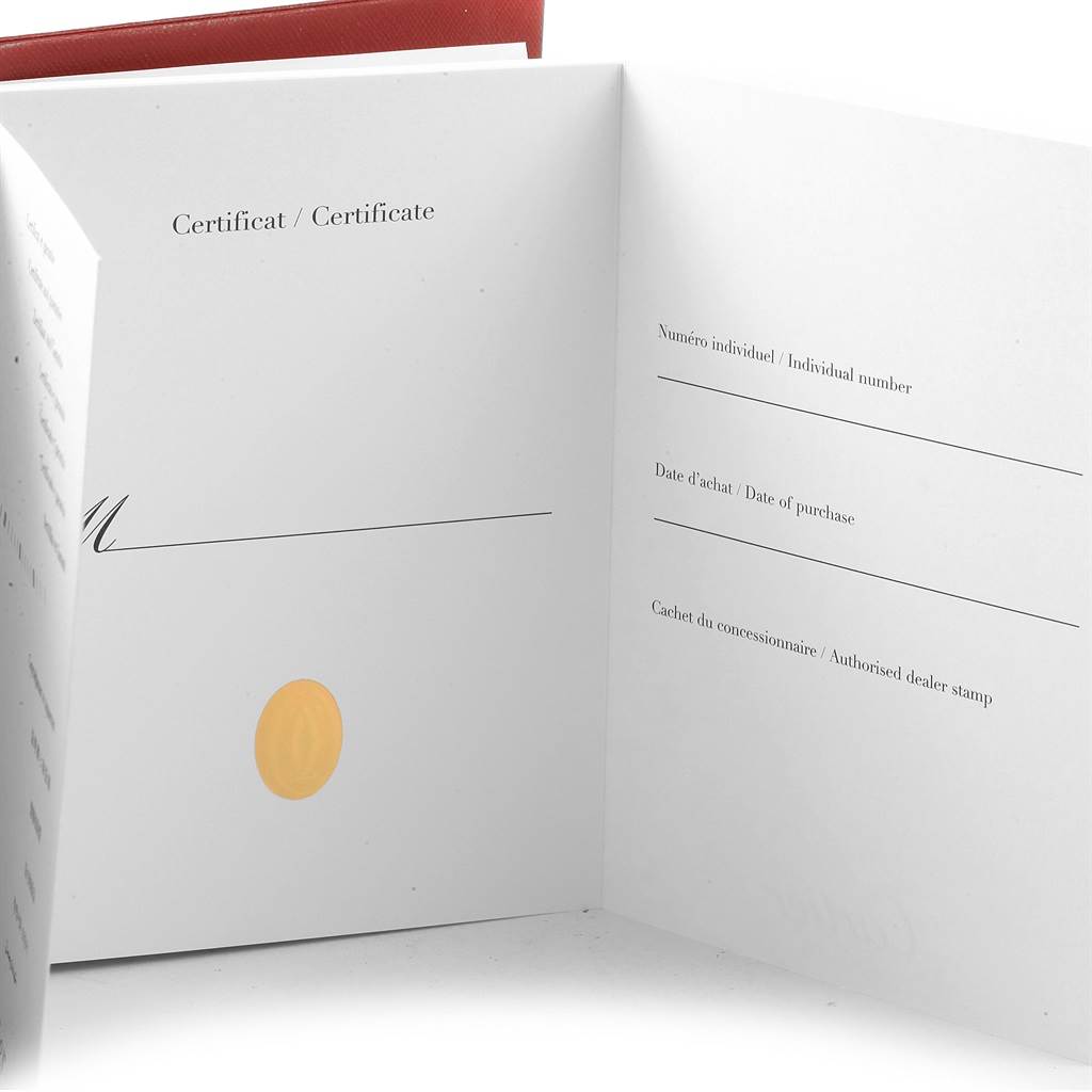 The image shows the opened certificate booklet for the Cartier Tank Solo W1018255 Women's Stainless Steel Silver Dial W1018255 Women's Stainless Steel Silver Dial watch, displaying individual number, date of purchase, and dealer stamp sections.