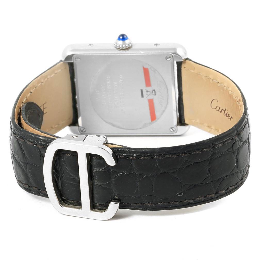 The image shows the back and strap of the Cartier Tank Solo W1018255 Women's Stainless Steel Silver Dial W1018255 Women's Stainless Steel Silver Dial watch, including the brand-engraved leather strap and metal buckle.