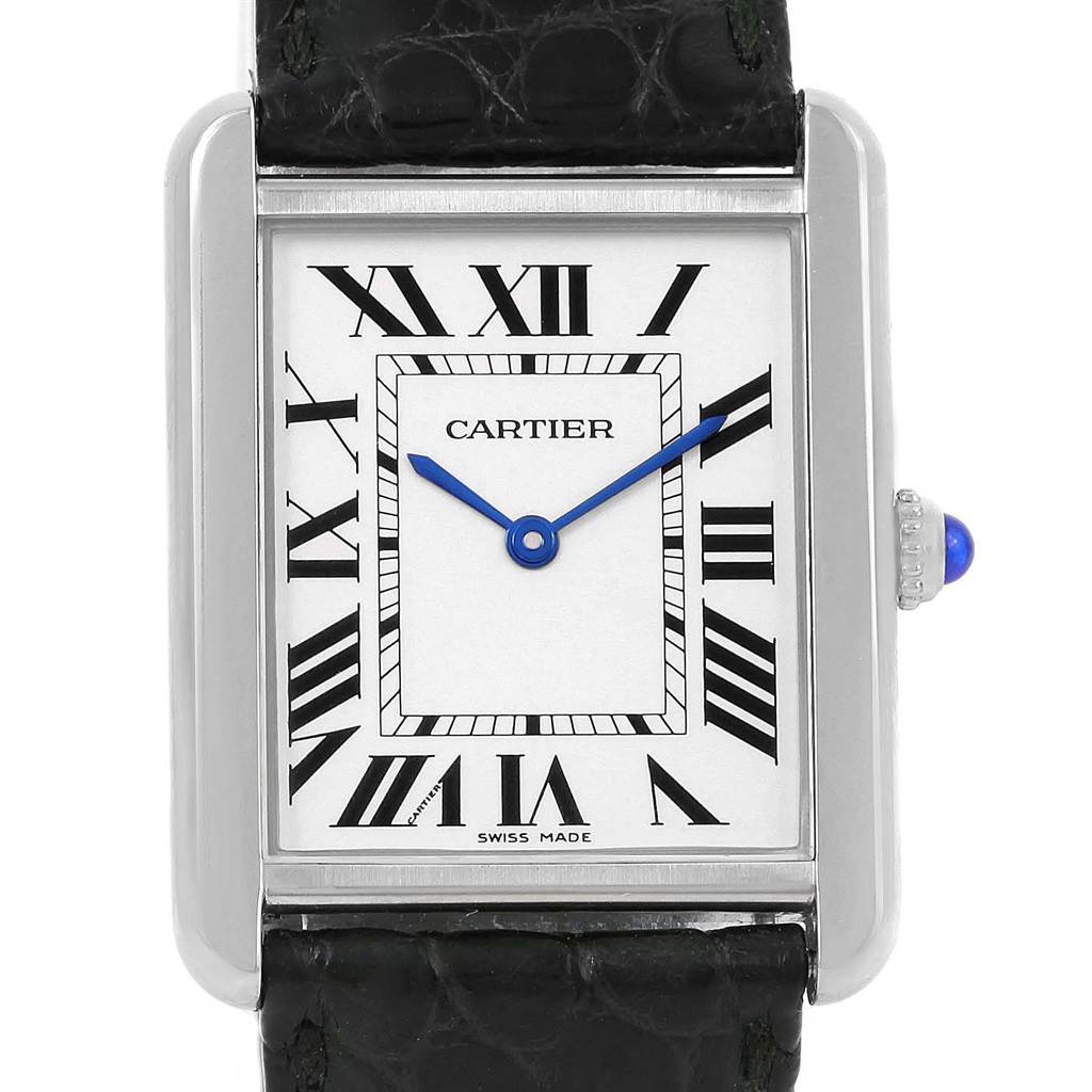This is a front view of a Cartier Tank Solo W1018355 Stainless Steel Silver Dial W1018355 Stainless Steel Silver Dial watch, showing the face, blue hands, Roman numerals, and part of the black leather strap.
