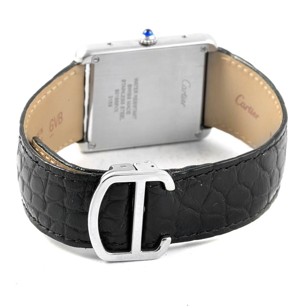 This image shows the back and strap of the Cartier Tank Solo W1018355 Stainless Steel Silver Dial W1018355 Stainless Steel Silver Dial watch, featuring a leather strap and a signature buckle.