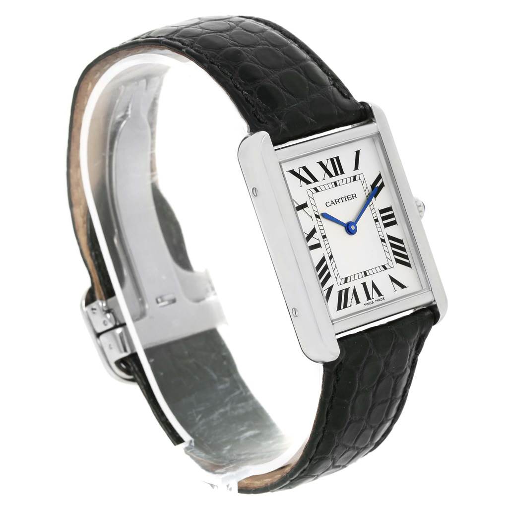 This image shows a side view of the Cartier Tank Solo W1018355 Stainless Steel Silver Dial W1018355 Stainless Steel Silver Dial watch, highlighting its rectangular face, Roman numerals, and black leather strap.
