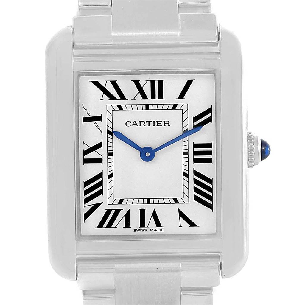 Frontal view of a Cartier Tank Solo W5200013 Women's Stainless Steel Silver Dial W5200013 Women's Stainless Steel Silver Dial watch, showing the face, Roman numeral markers, hands, and part of the wristband.