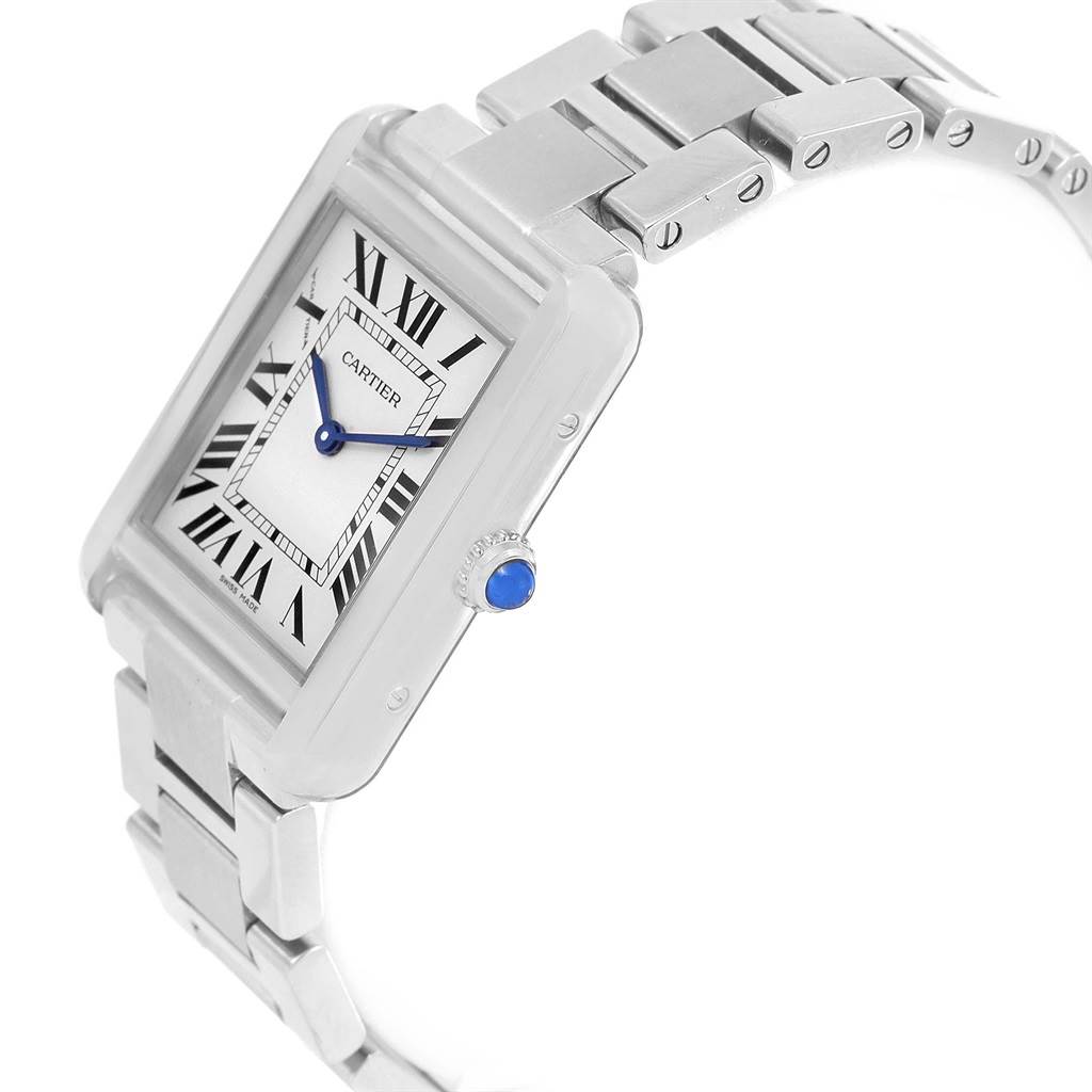 The image shows a Cartier Tank Solo W5200013 Women's Stainless Steel Silver Dial W5200013 Women's Stainless Steel Silver Dial watch, angled to display the face, crown, and bracelet.