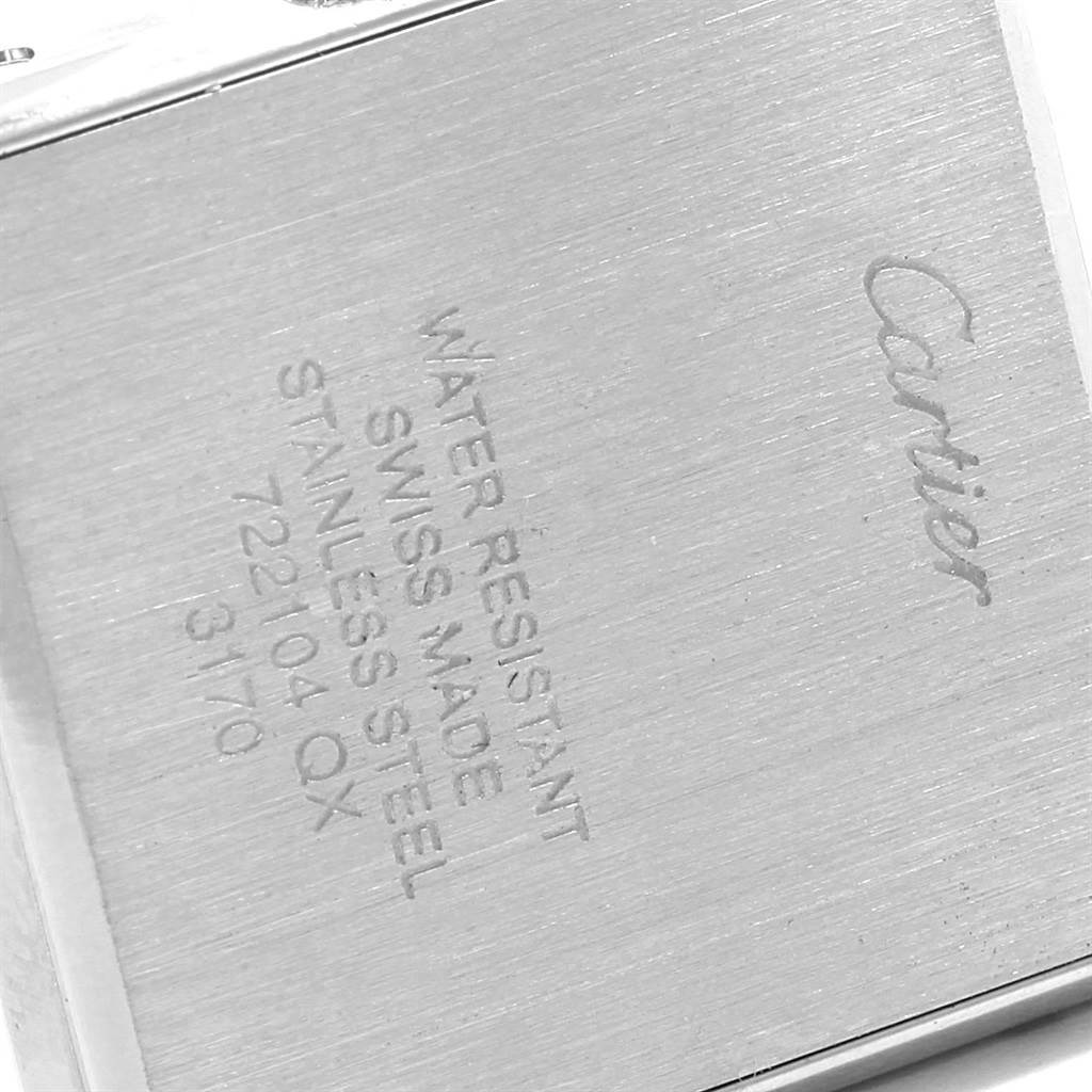 The image shows the back case of a Cartier Tank Solo W5200013 Women's Stainless Steel Silver Dial W5200013 Women's Stainless Steel Silver Dial watch, displaying its water resistance, material, and model information.