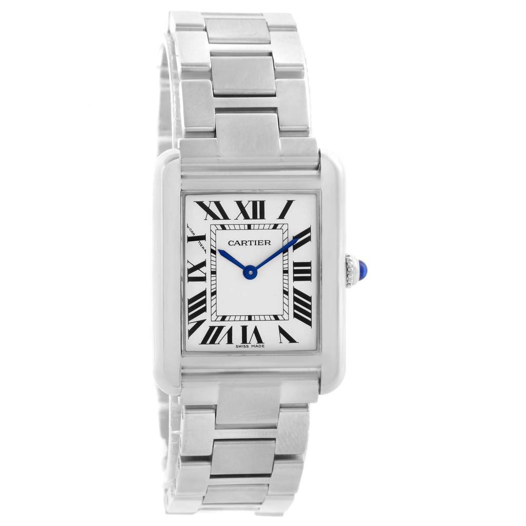 This image shows a frontal view of the Cartier Tank Solo W5200013 Women
s Stainless Steel Silver Dial W5200013 Women
s Stainless Steel Silver Dial watch, displaying its rectangular dial, Roman numerals, and stainless steel bracelet.